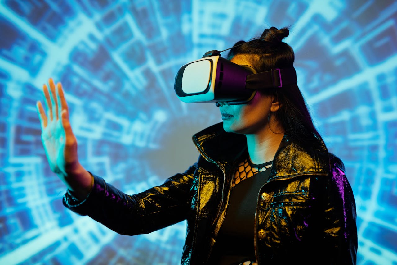 Woman wearing VR headset interacting with virtual interface in futuristic setting.