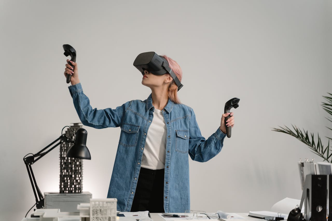 Woman engaging with VR technology in a modern workspace, exploring virtual reality.